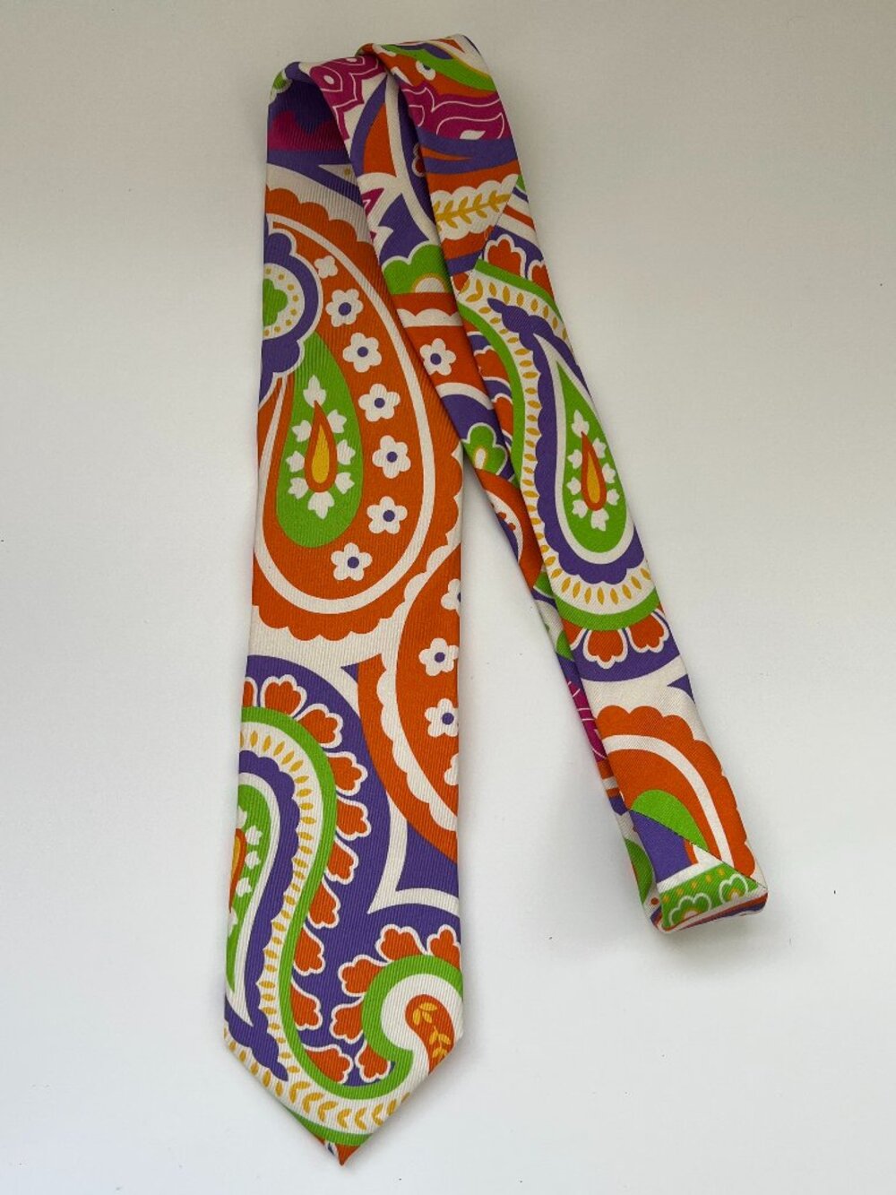 Peter Millar Tie Paisley Printed 100% Silk Italy Purple Orange Green